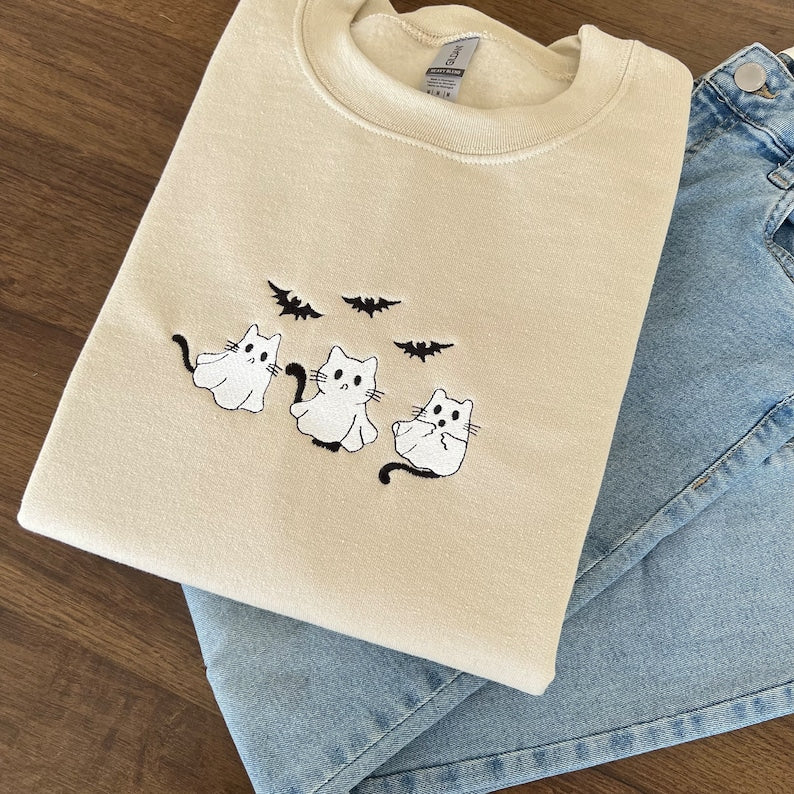 Embroidered Ghost Cats Sweatshirt