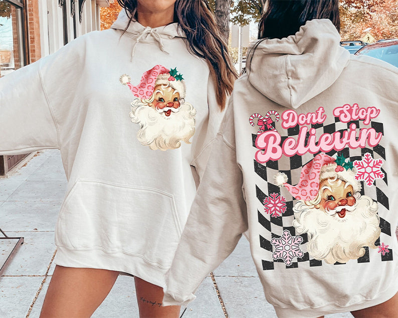 Don't Stop Believin Pink Santa Hoodie